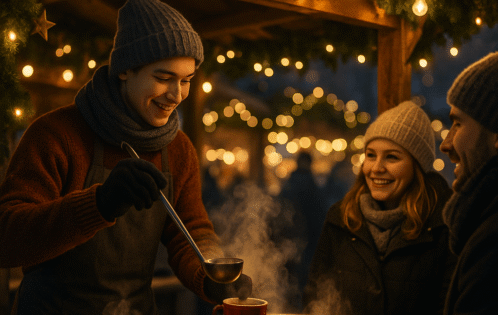 Eine Person arbeitet am Glühweinstand