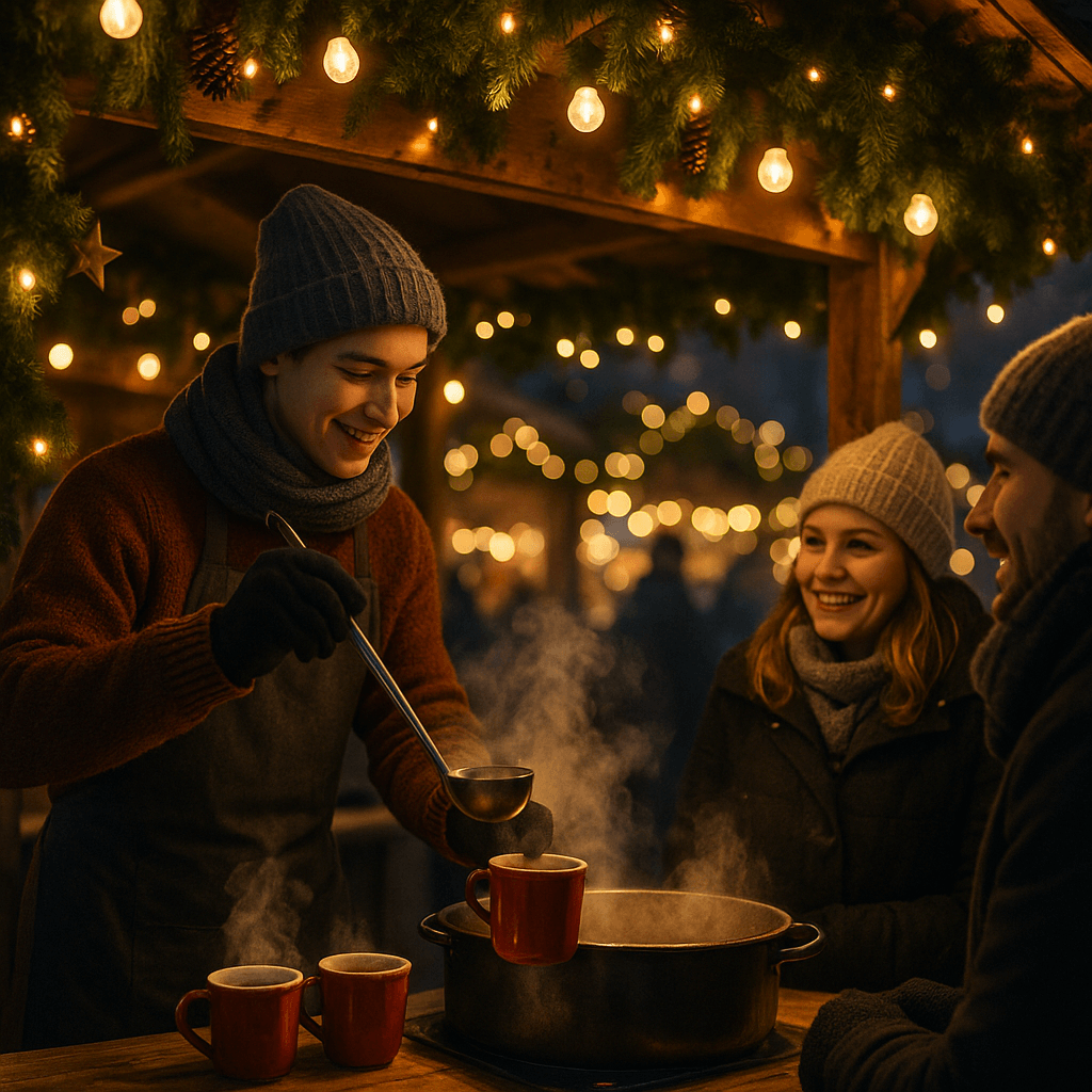 Eine Person arbeitet am Glühweinstand